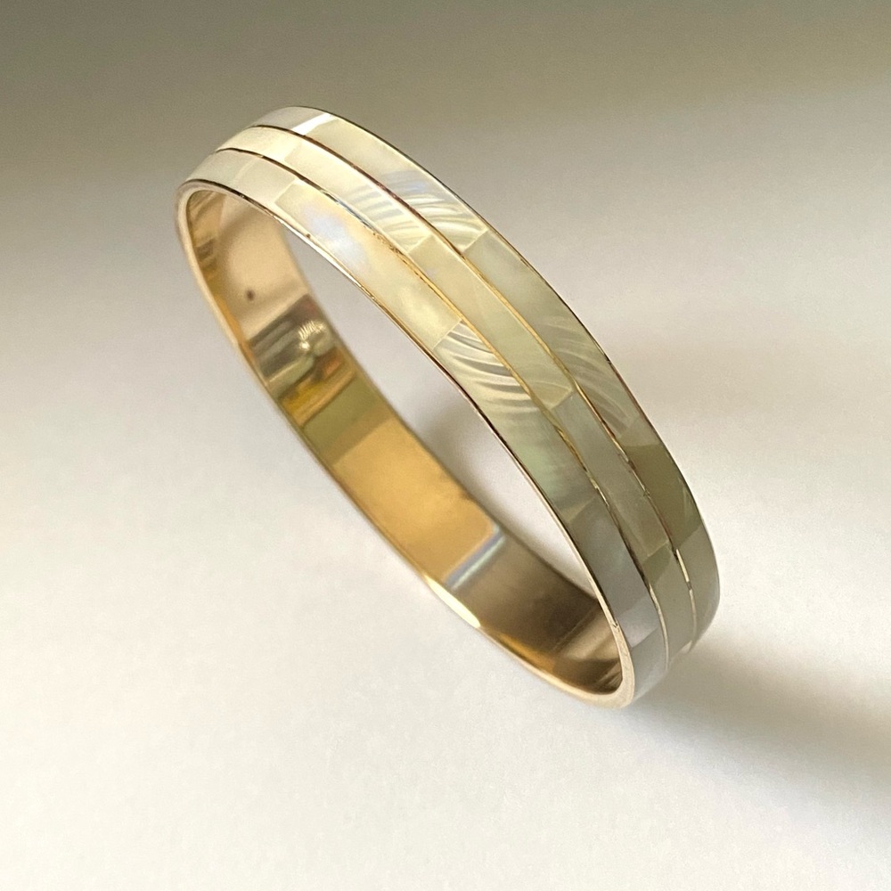 Vintage Brass & Mother of Pearl Shell Inlay Bangle Bracelet